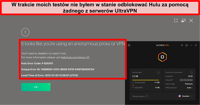 Zrzut ekranu błędu IP proxy Hulu, gdy UltraVPN jest podłączony do serwera w USA