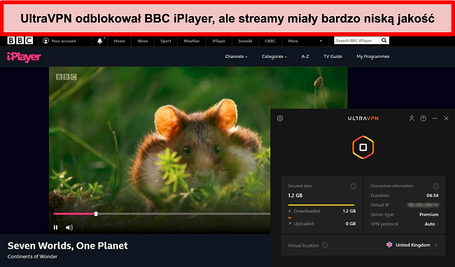 Zrzut ekranu BBC iPlayer odblokowanego przez serwer UltraVNc w Wielkiej Brytanii