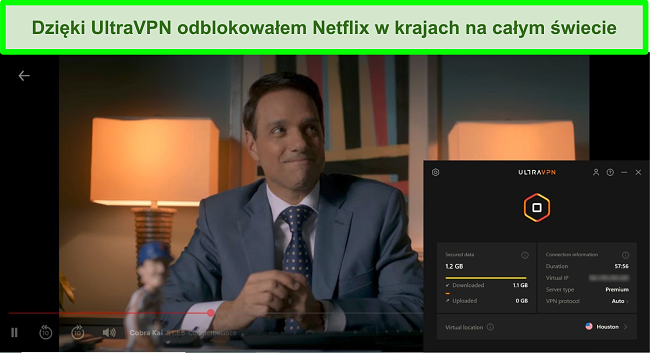 Zrzut ekranu przedstawiający grę Cobra Kai na Netflix, gdy UltraVPN jest podłączony do serwera w Houston