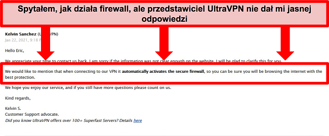 Zrzut ekranu wiadomości e-mail od pomocy technicznej UltraVPN