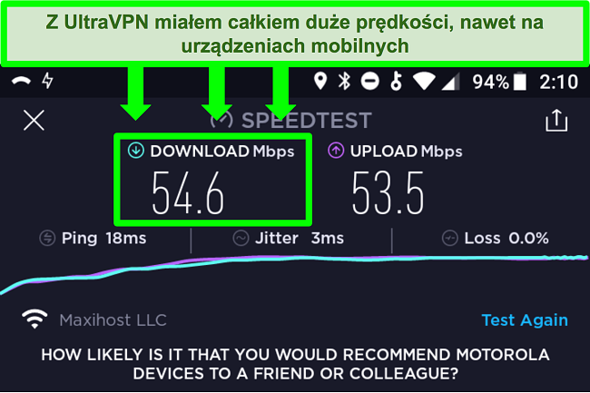 Zrzut ekranu testu szybkości połączenia, gdy UltraVPN jest podłączony na urządzeniu z Androidem