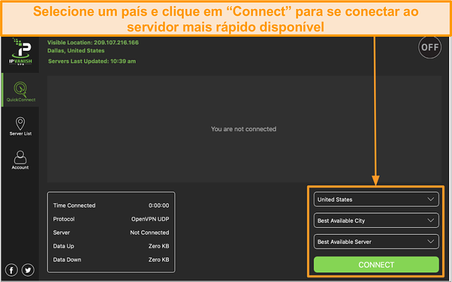 Captura de tela da interface do aplicativo IPVanish e da seção 