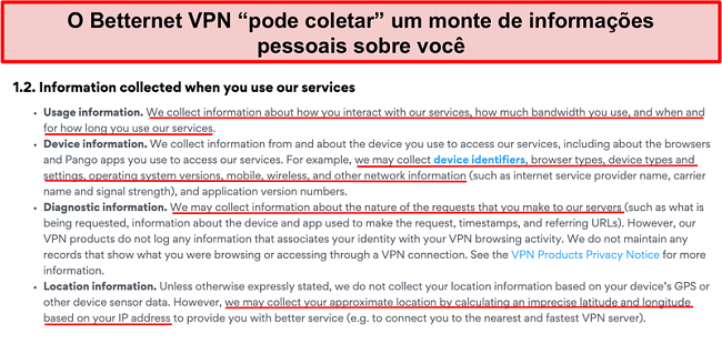 Captura de tela da política de privacidade VPN da Betternet