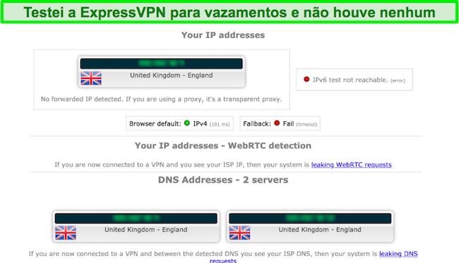 Captura de tela dos resultados do teste de vazamento da ExpressVPN