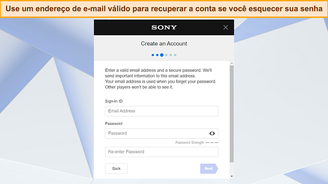 Captura de tela da tela de criação de conta do PlayStation solicitando o endereço de e-mail