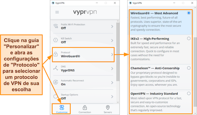 Captura de tela das opções de personalização com protocolo Chameleon no aplicativo VyprVPN