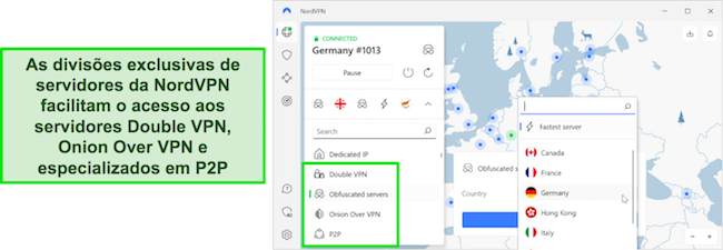 Visão geral da área de seleção de servidores especializados da NordVPN.