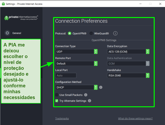 Captura de tela das configurações de segurança PIA disponíveis