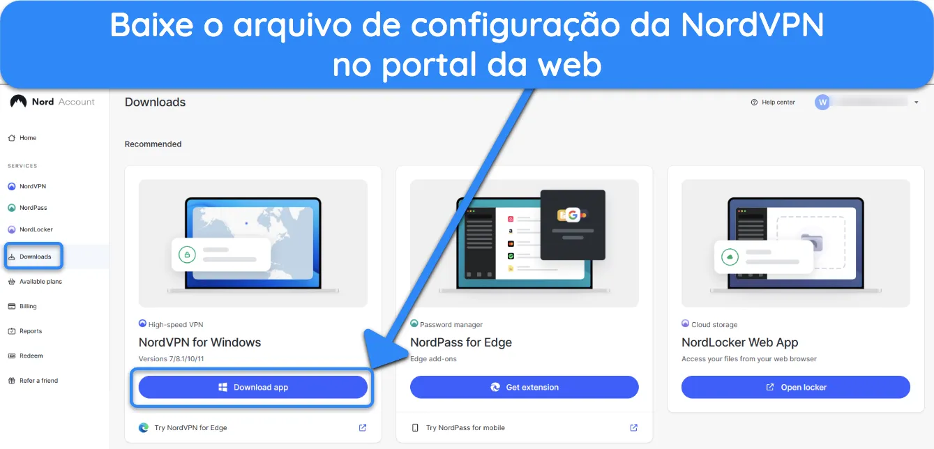 Captura de tela mostrando como você pode obter a configuração da NordVPN em seu portal da web.