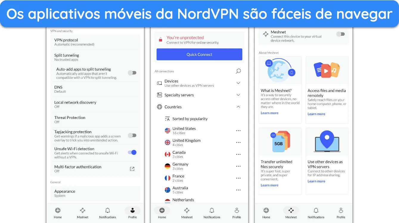 Captura de tela mostrando a interface do aplicativo móvel da NordVPN.