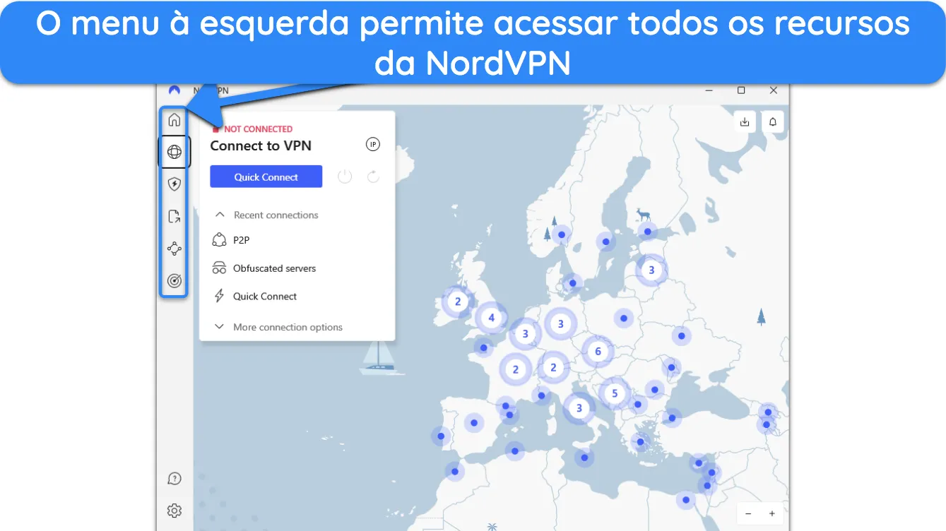 Captura de tela da barra de navegação nos aplicativos de desktop da NordVPN.