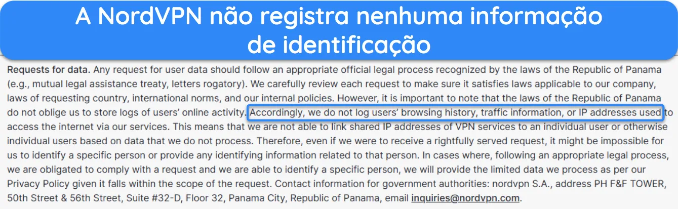 Captura de tela mostrando como a NordVPN não registra nenhuma informação de identificação.