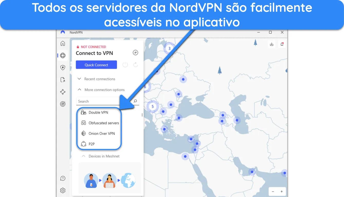 Captura de tela mostrando como os servidores especializados da NordVPN são facilmente acessíveis dentro do aplicativo.