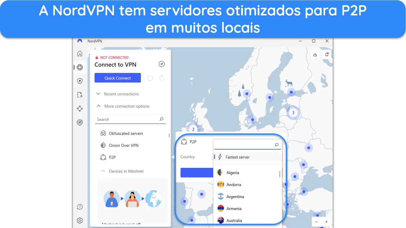 Captura de tela mostrando os países onde a NordVPN oferece servidores otimizados para P2P.