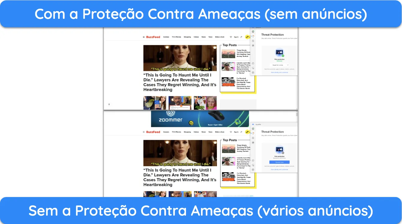 Captura de tela mostrando um site carregado com e sem a Proteção contra Ameaças da NordVPN.