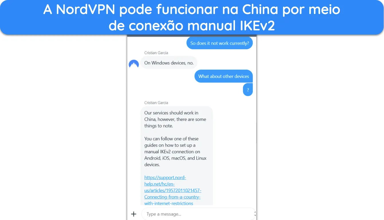 Captura de tela do suporte da NordVPN explicando como a VPN pode funcionar na China.