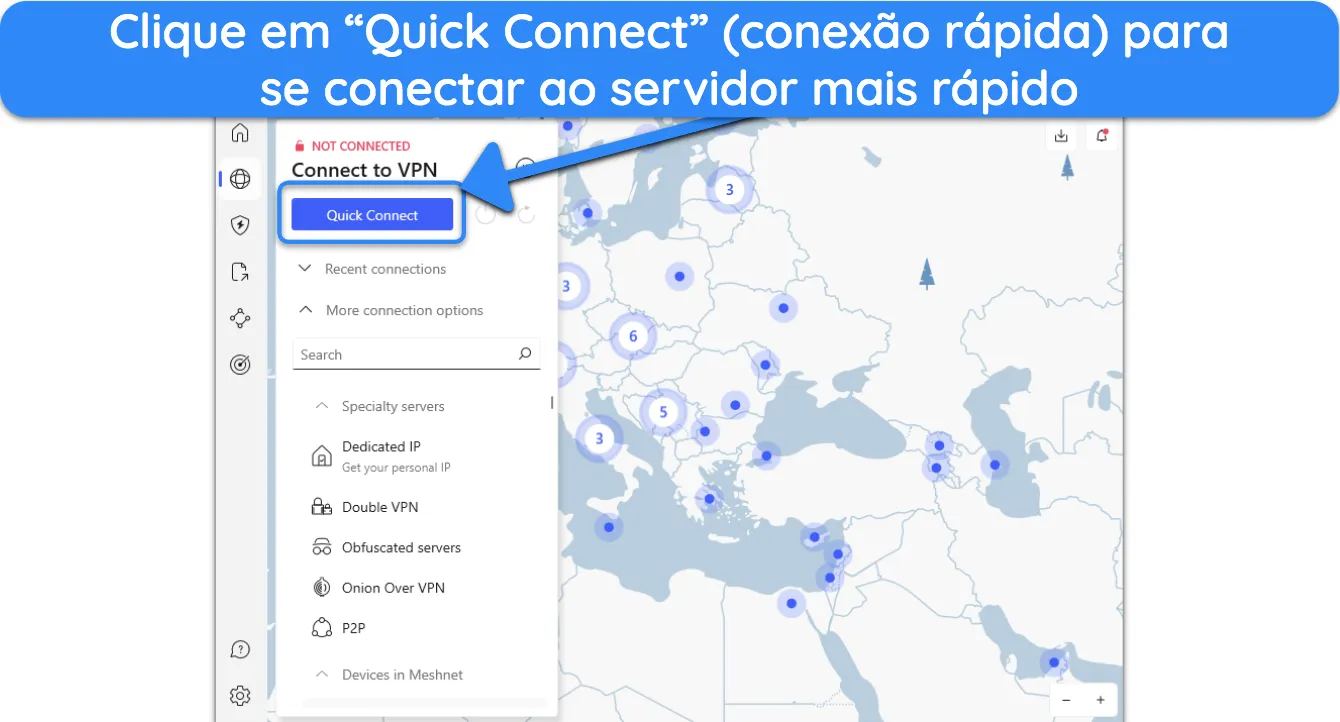 Captura de tela mostrando como se conectar automaticamente ao servidor mais rápido próximo após instalar o NordVPN.