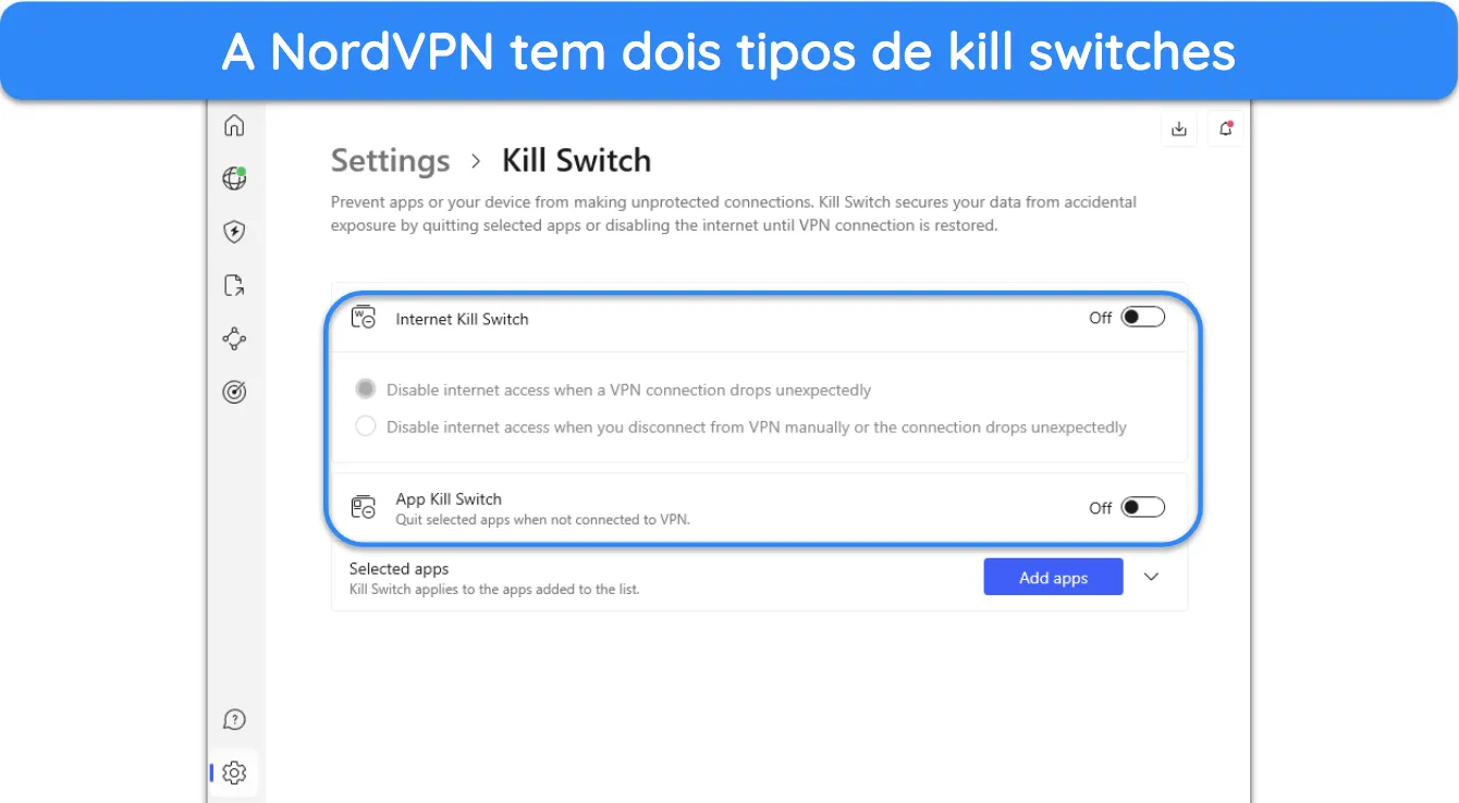 Captura de tela das opções do kill switch no menu de configurações da NordVPN.