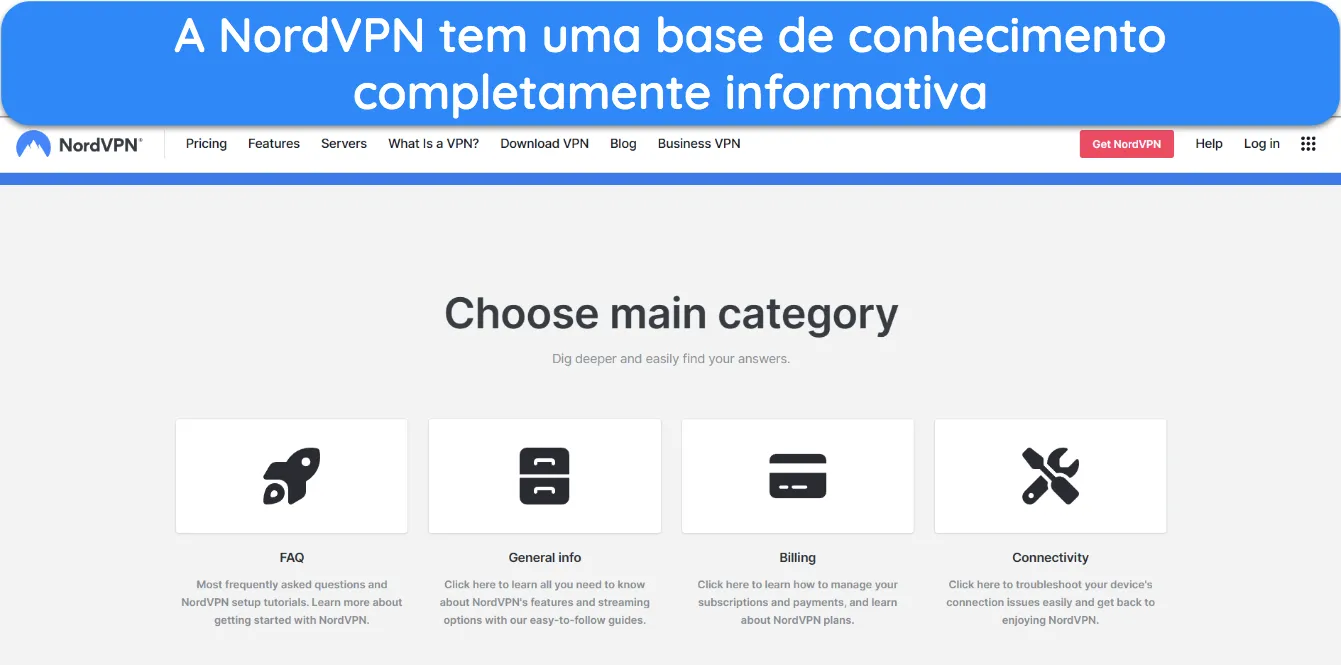 Captura de tela mostrando a página inicial da base de conhecimento do NordVPN.