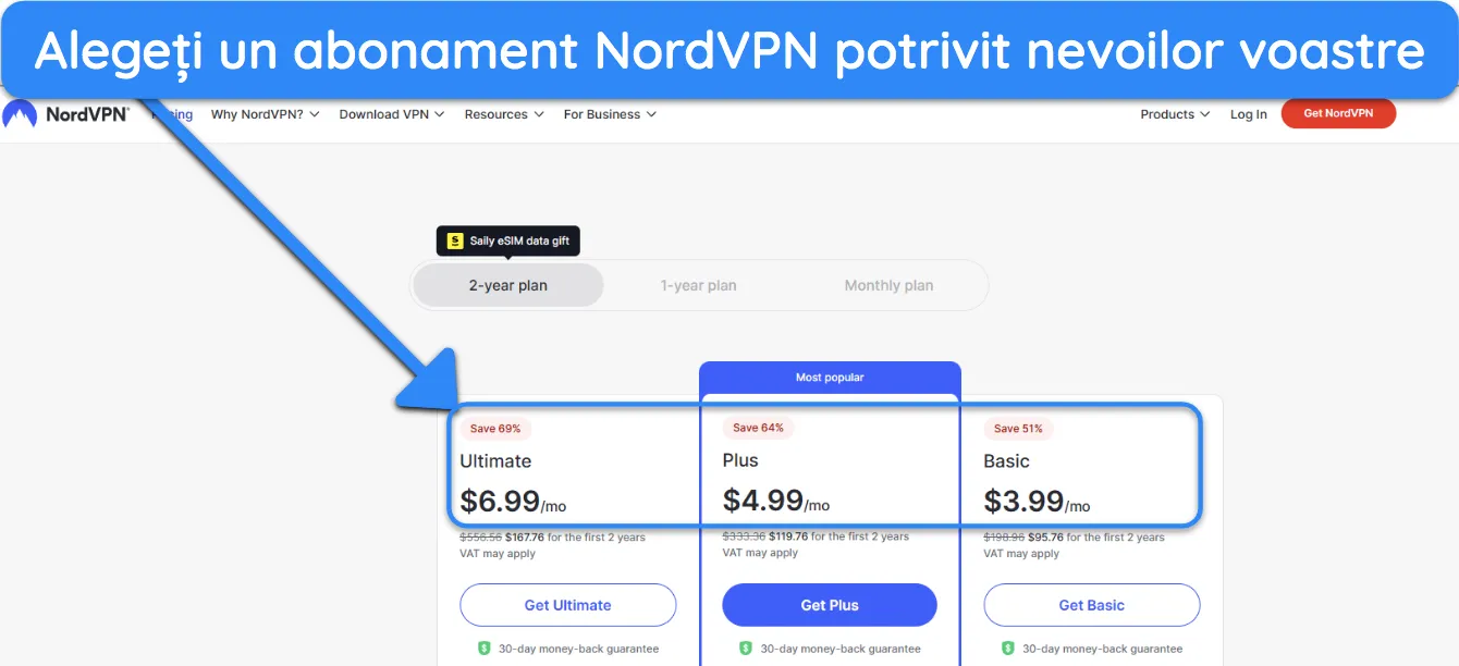 Captură de ecran care arată cum să alegeți un abonament NordVPN.