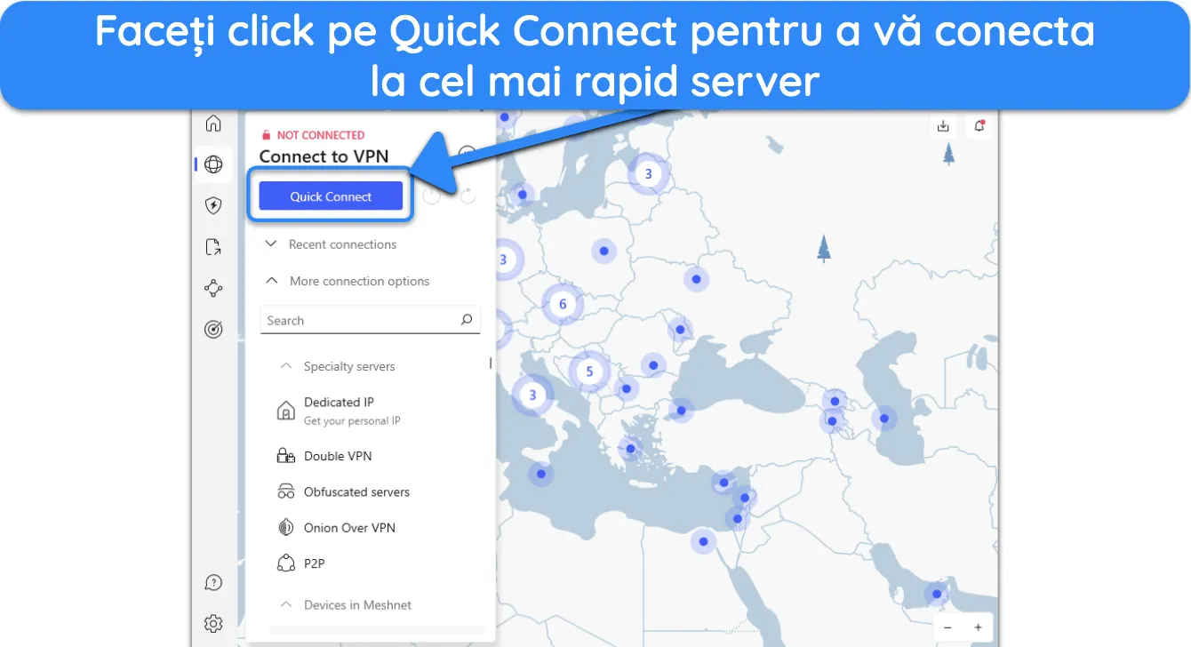 Captură de ecran care arată cum să vă conectați automat la cel mai rapid server din apropiere după instalarea NordVPN.