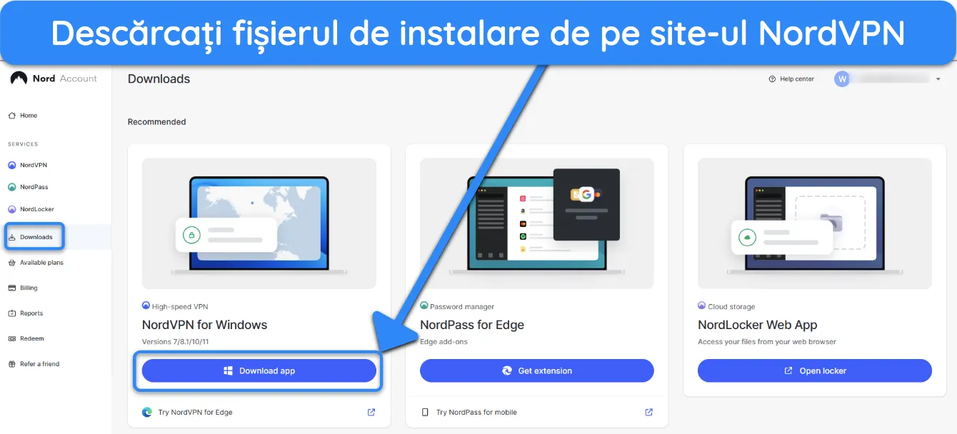 Captură de ecran care arată cum puteți obține configurarea NordVPN de pe portalul său web.