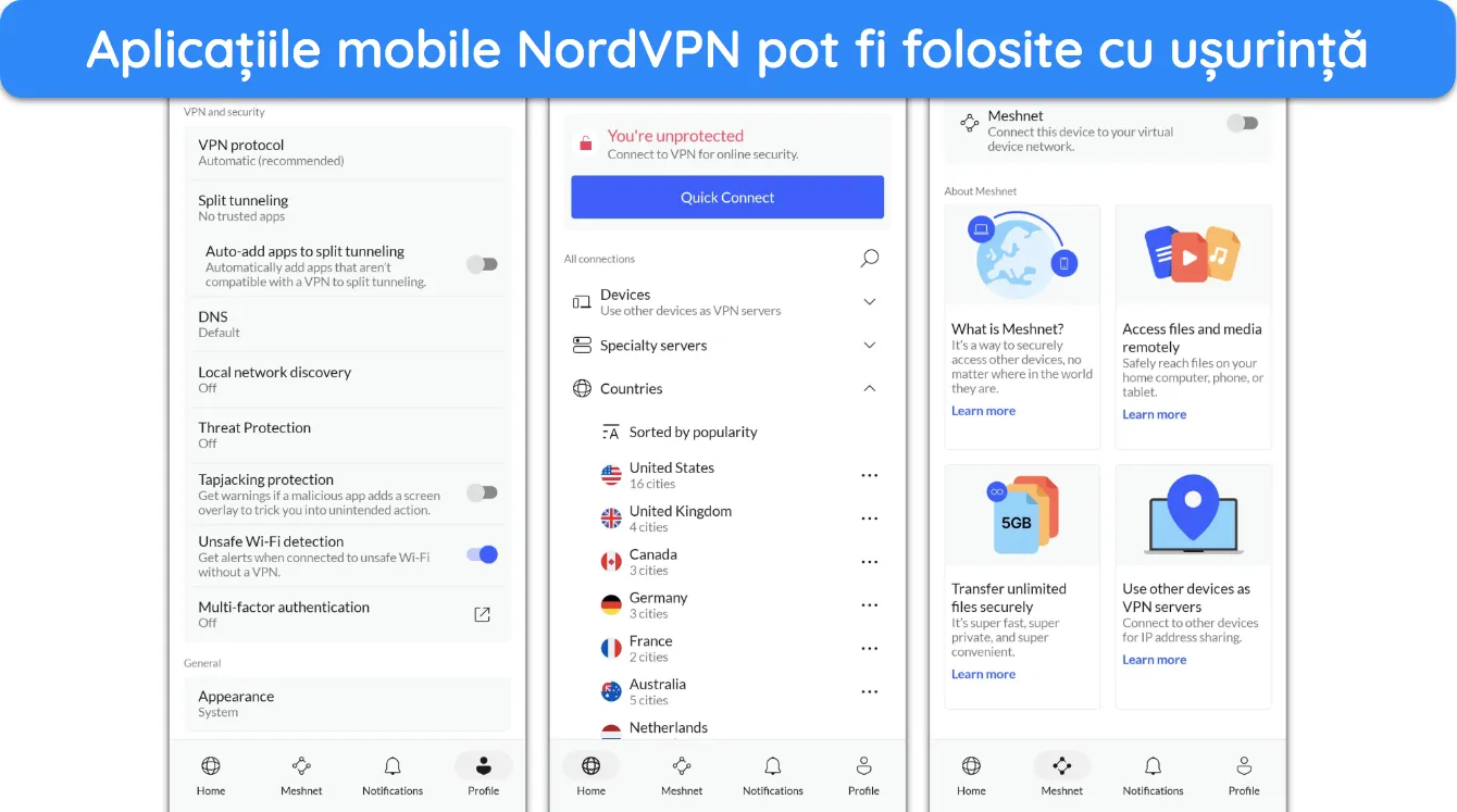 Captură de ecran care arată interfața aplicației mobile NordVPN.