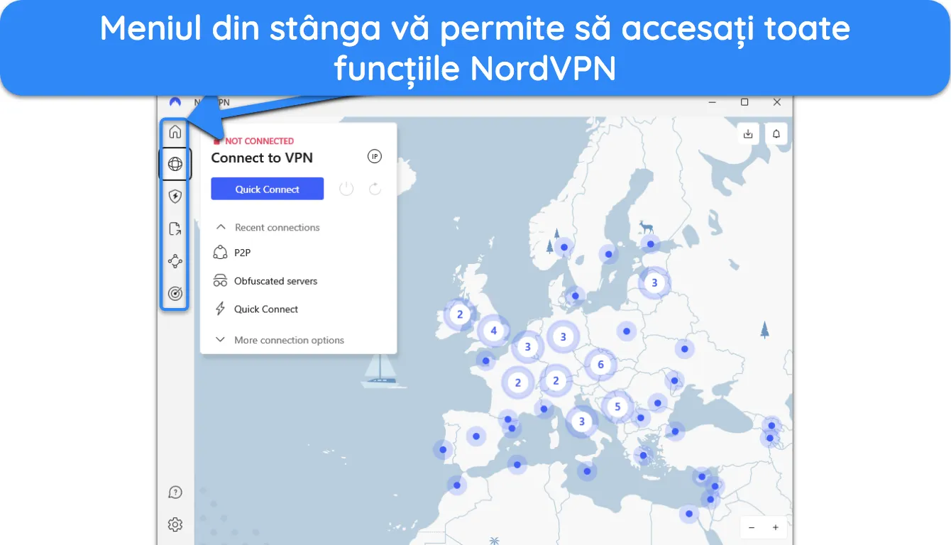 Captură de ecran a barei de navigare din aplicațiile desktop NordVPN.