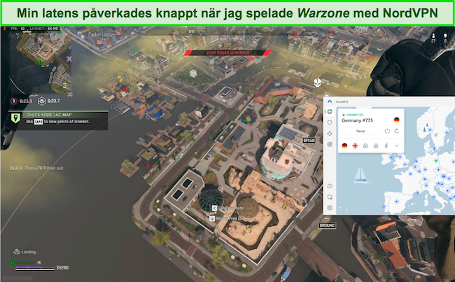 Spelar Call of Duty: Warzone medan du är ansluten till en tysk NordVPN-server.