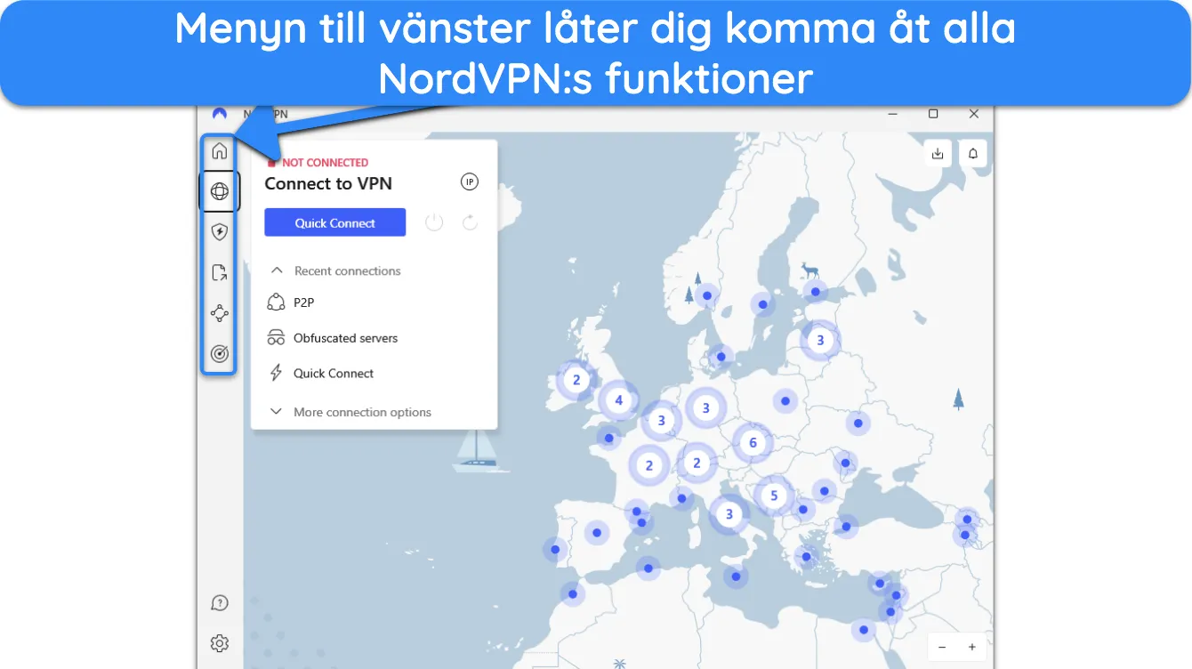 Skärmdump av navigeringsfältet i NordVPNs skrivbordsappar.