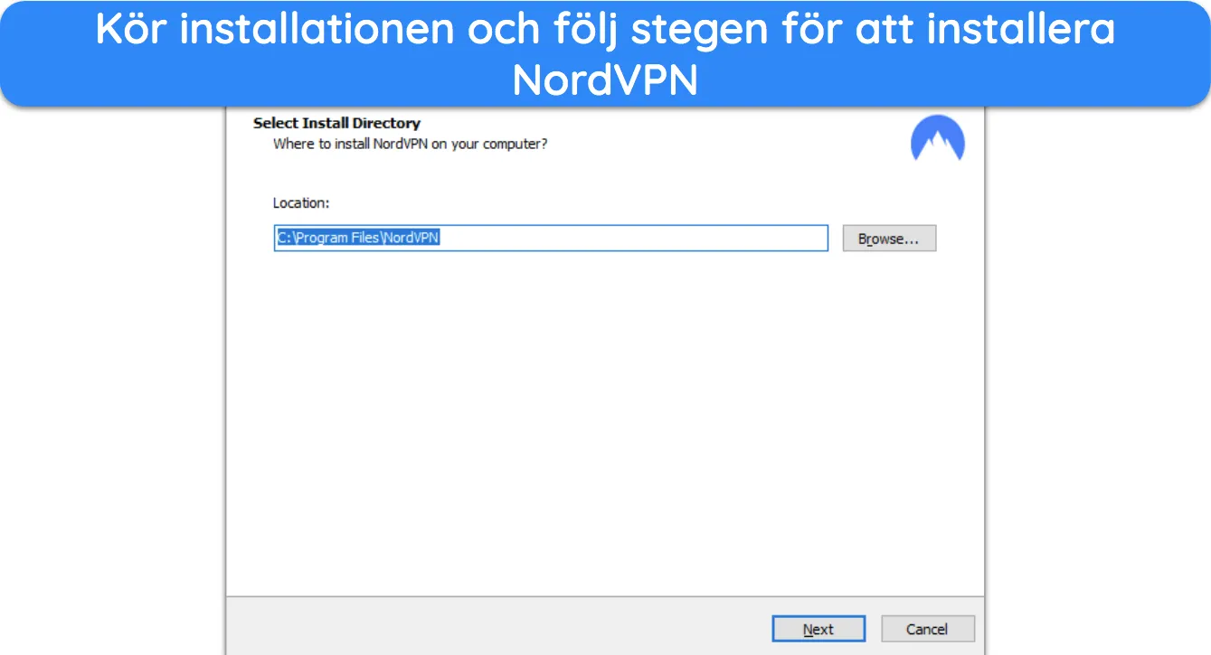 Skärmdump som visar början av NordVPNs installation på Windows.