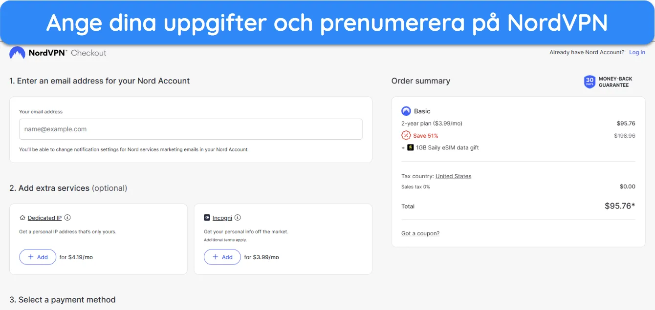 Skärmdump som visar hur man prenumererar på NordVPN efter att ha valt en plan.