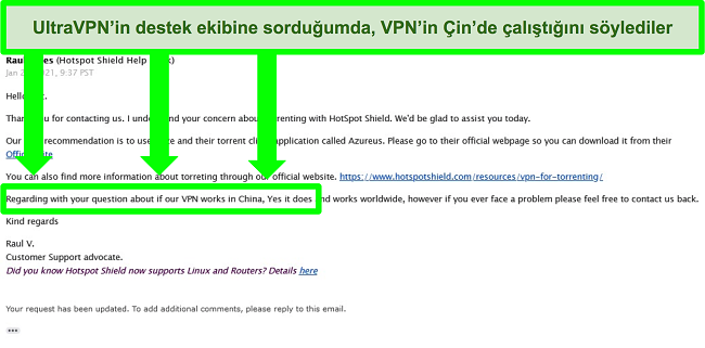 Torrent ve VPN'nin Çin'de çalışıp çalışmadığına ilişkin UltraVPN destekli bir e-posta alışverişinin ekran görüntüsü