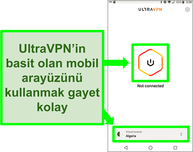 Android'deki UltraVPN kullanıcı arayüzünün ekran görüntüsü