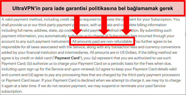 Planların iade edilemez olduğunu belirten UltraVPN'in geri ödeme politikasının ekran görüntüsü