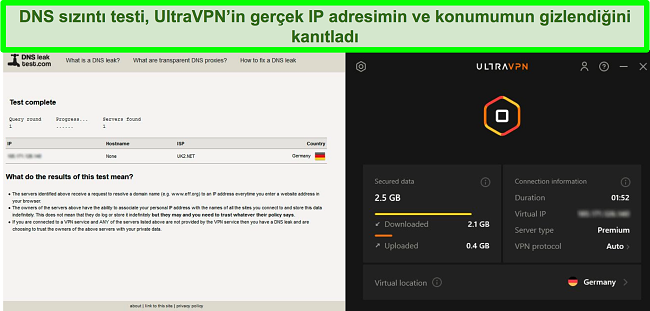 UltraVPN Almanya'daki bir sunucuya bağlıyken başarılı bir DNS sızıntı testinin ekran görüntüsü