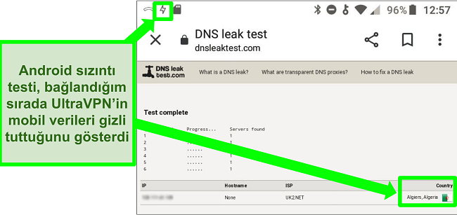 Android'deki UltraVPN Cezayir'deki bir sunucuya bağlıyken başarılı bir DNS sızıntı testinin ekran görüntüsü