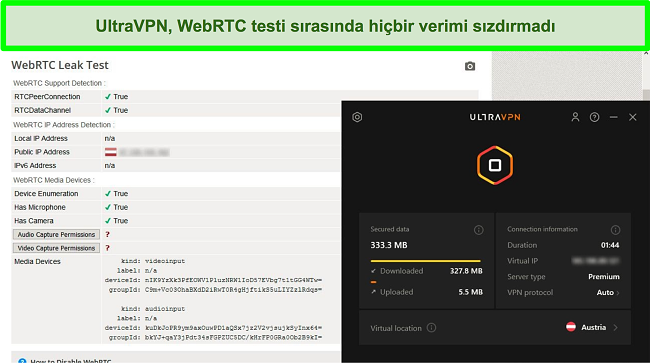 UltraVPN Avusturya'daki bir sunucuya bağlıyken başarılı bir WebRTC test sonucunun ekran görüntüsü