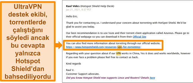 Hotspot Shield teknik desteğinden Çin'de torrent gönderme ve kullanımla ilgili e-postayla gönderilen yanıtın ekran görüntüsü