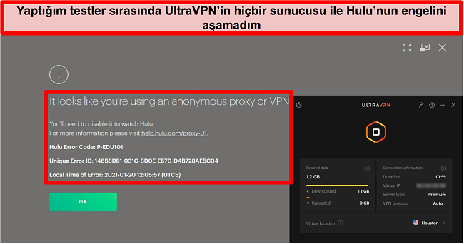 UltraVPN ABD'deki bir sunucuya bağlıyken Hulu'nun proxy IP hatasının ekran görüntüsü