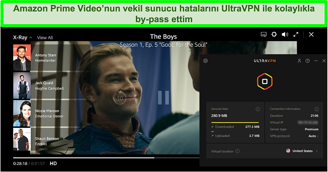 The Boys on Amazon Prime Video'nun UltraVPN ABD'deki bir sunucuya bağlıyken ekran görüntüsü