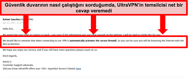 UltraVPN teknik desteğinden gelen bir e-postanın ekran görüntüsü