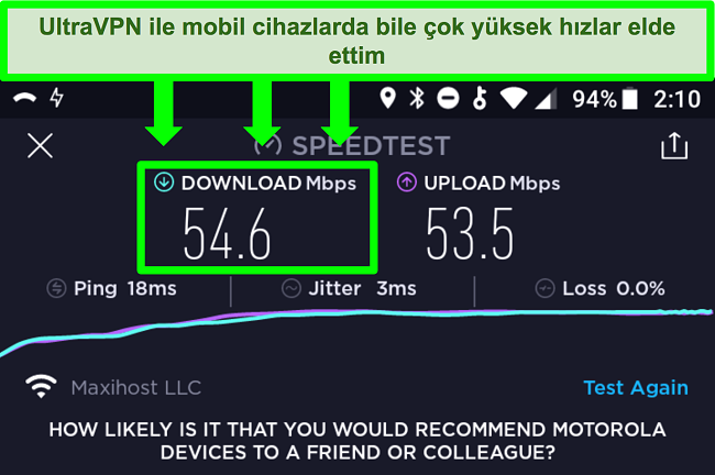 UltraVPN bir Android cihaza bağlıyken yapılan bağlantı hızı testinin ekran görüntüsü