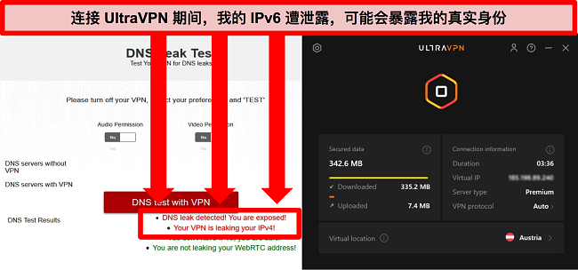 当 UltraVPN 连接到奥地利的服务器时 IPv6 泄漏测试失败的屏幕截图