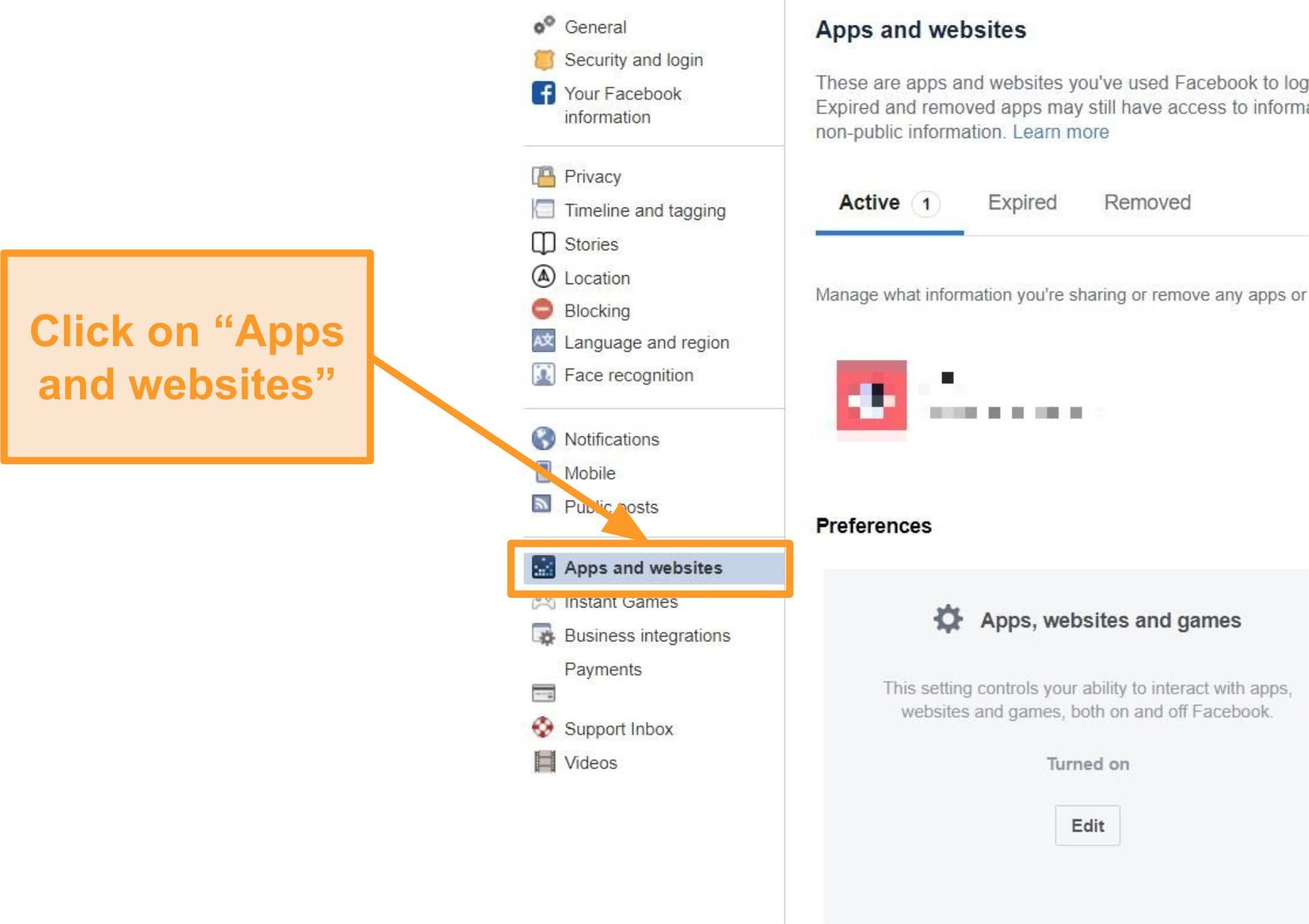 Screenshot of apps and websites settings on Facebook