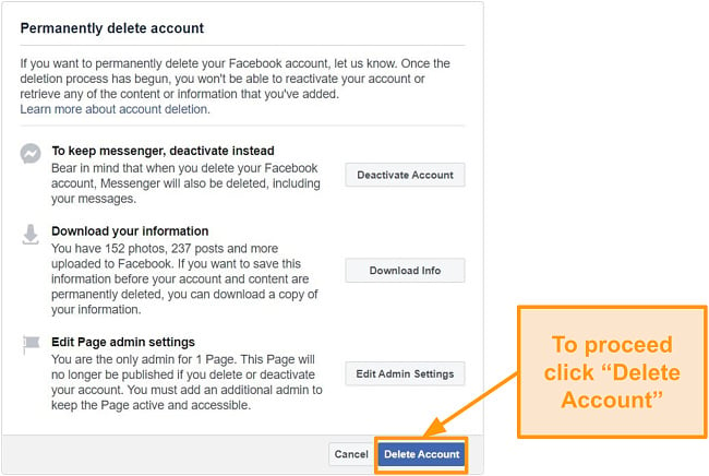 Screenshot of deleting Facebook account