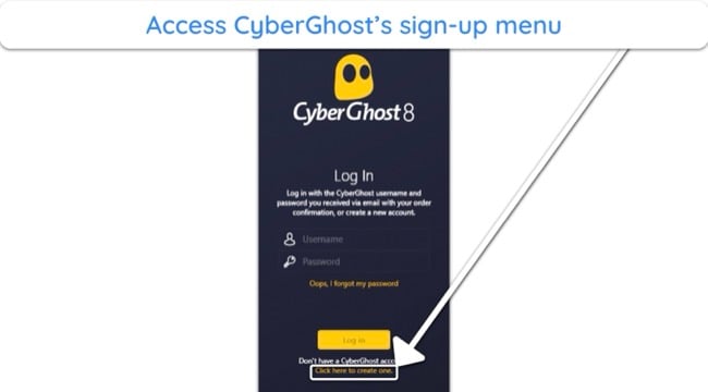 Screenshot showing how to access CyberGhost's sign-up menu