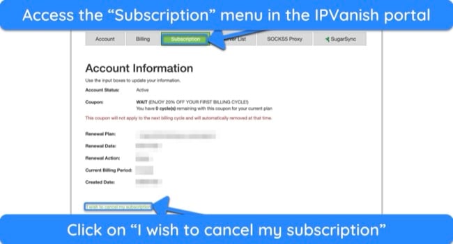 Screenshot showing how to begin the cancellation process for an IPVanish subscription