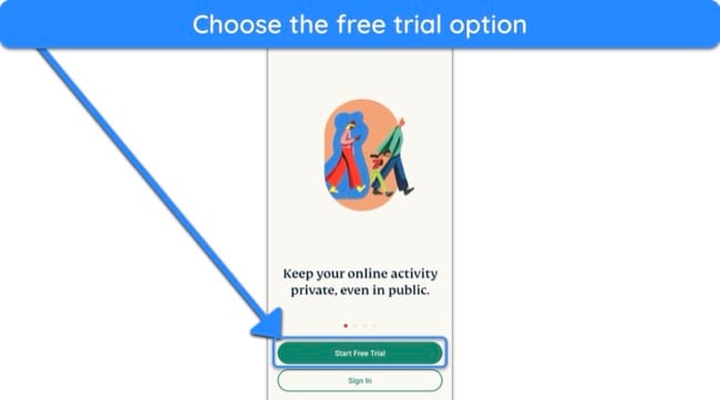 Screenshot showing how to choose the free trial option in ExpressVPN's Android app