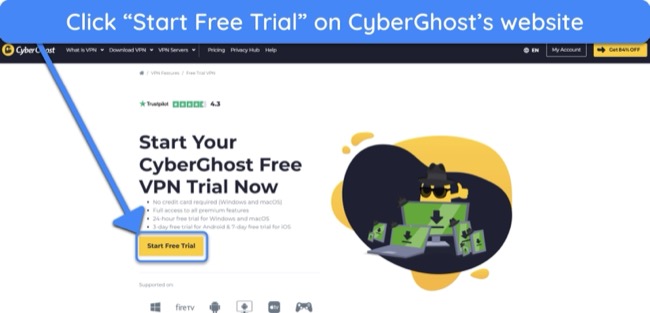 Screenshot showing how to choose CyberGhost's free trial option through the official website